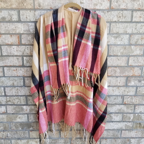 Plaid Shawl Wraps Sweater Poncho Open Front Blanket for Fall Winter OSFM - Picture 3 of 7